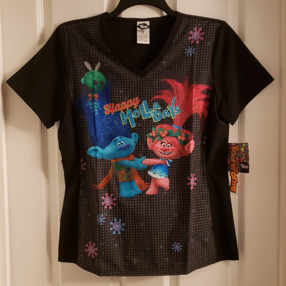 Trolls Poppy Branch Tooniforms Scrub Top Happy Holladays Holidays V-Neck Shirt
